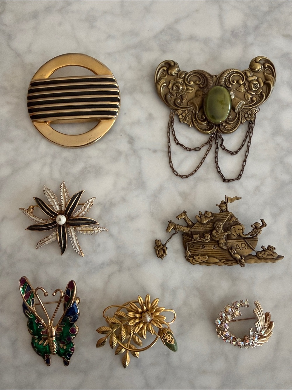 Vintage Gold Tone Brooch Collection — Green Accent Marked PIM and JJ Noah’s Ark